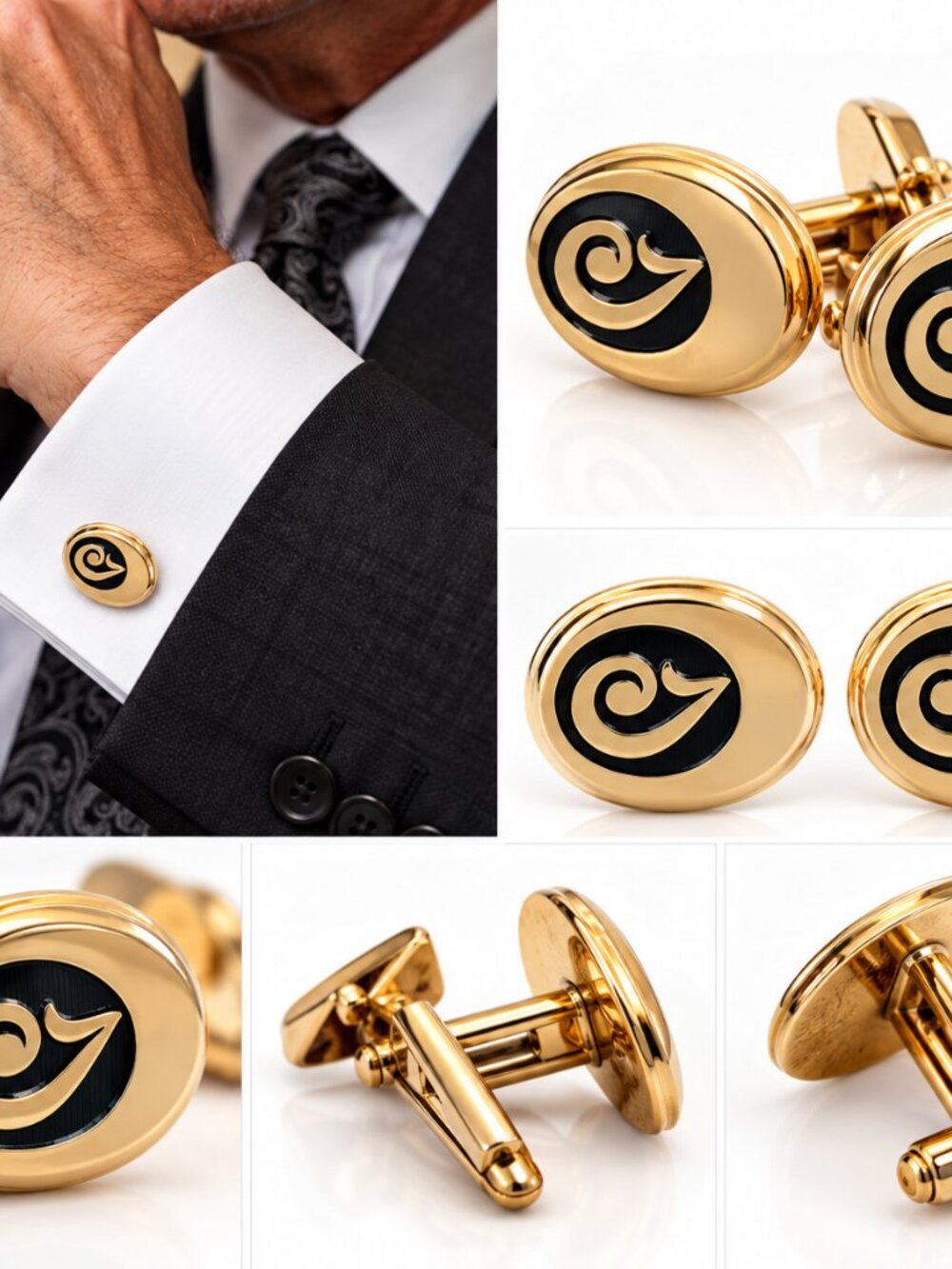 Gold-Tone Cufflinks with Black Enamel Swirl Design – Classic Men’s Formal Access